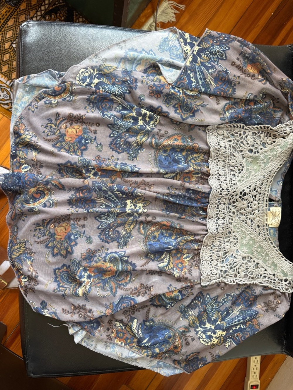 eyelash couture Boho Paisley Crochet-Yoke Blouse in Blue and Taupe